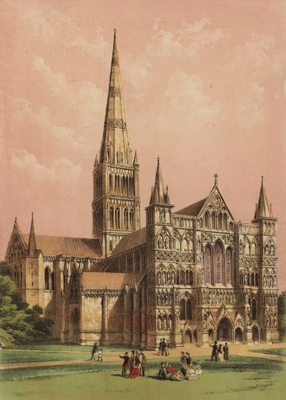 Katedra w Salisbury, Wiltshire (kolorowa litografia) autorstwa English School
