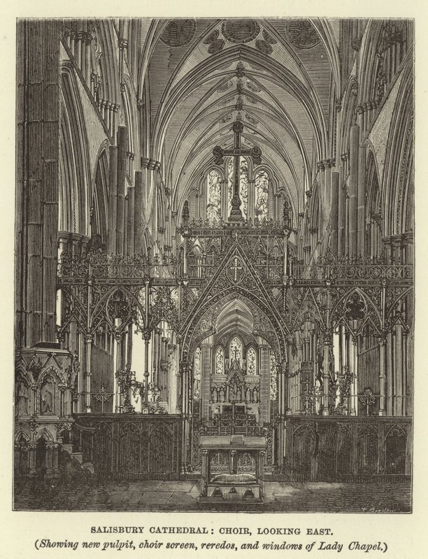Katedra w Salisbury, chór, skierowany na wschód, ukazujący nową ambonę, ekran chóru, reredos i okna Lady Chapel autorstwa English School