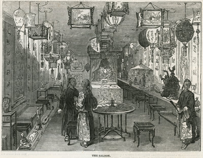 Saloon chińskich śmieci przywiezionych do Londynu jako ciekawostka autorstwa English School