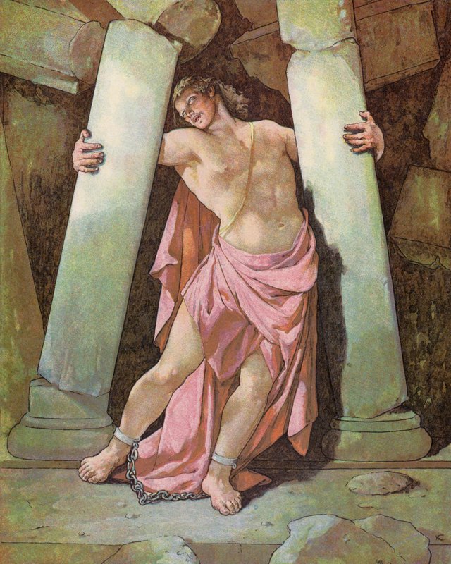 Samson łamiący filary świątyni (kolorowa litografia) autorstwa English School