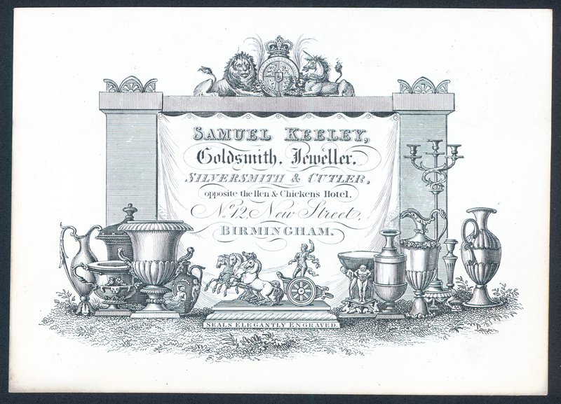 Samuel Keeley, złotnik, jubiler, złotnik i nożownik, karta handlowa autorstwa English School