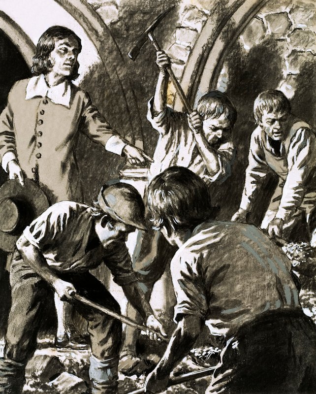 Samuel Pepys nagrał, jak próbował znaleźć skarbiec Barksteada (gwasz na papierze) autorstwa English School