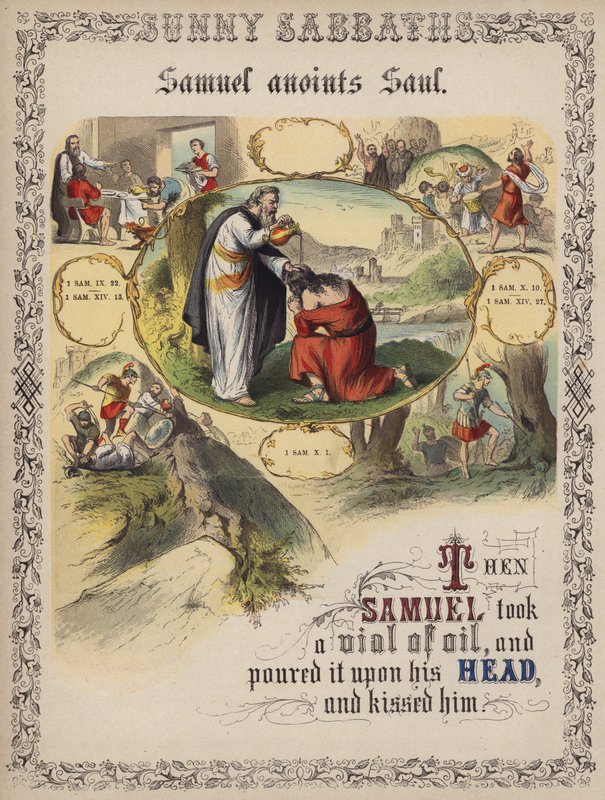 Samuel namaszcza Saula (kolorowy grawerunek) autorstwa English School
