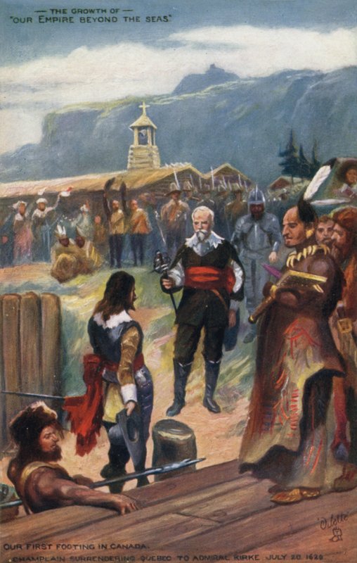Samuel de Champlain poddający Quebec admirał Kirke, 20 lipca 1629 autorstwa English School