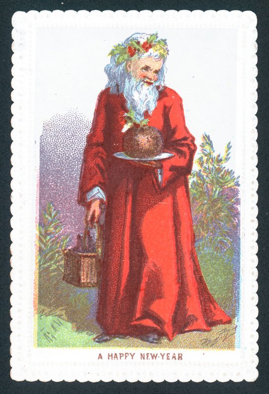 Mikołaj trzymający pudding śliwkowy, kartka świąteczna autorstwa English School