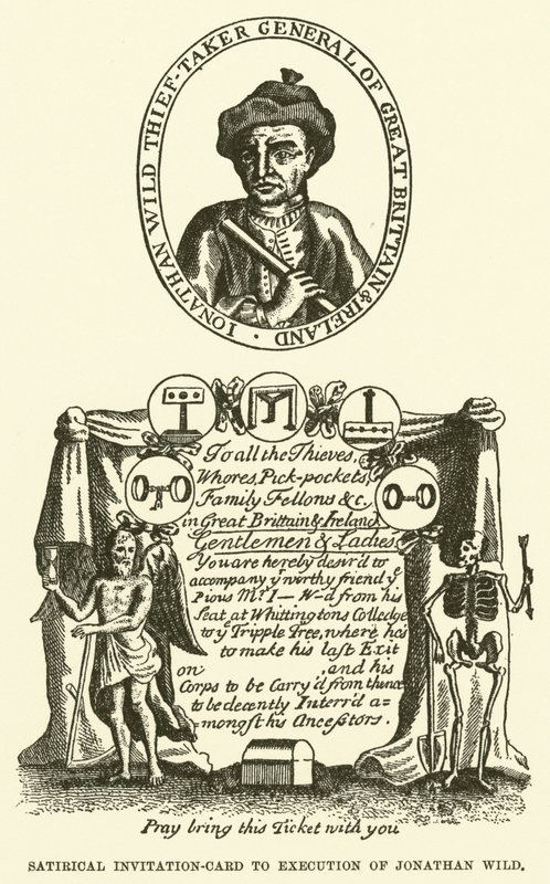 Satyryczne zaproszenie na egzekucję Jonathana Wilda (grawerunek) autorstwa English School