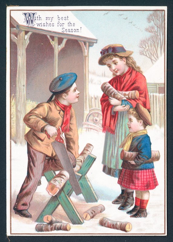 Piłowanie drewna, kartka bożonarodzeniowa autorstwa English School