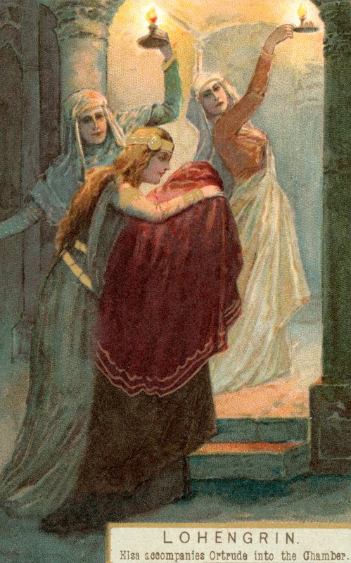 Scena z Lohengrina: Elsa towarzyszy Ortrudzie w komnacie (chromolitho) autorstwa English School