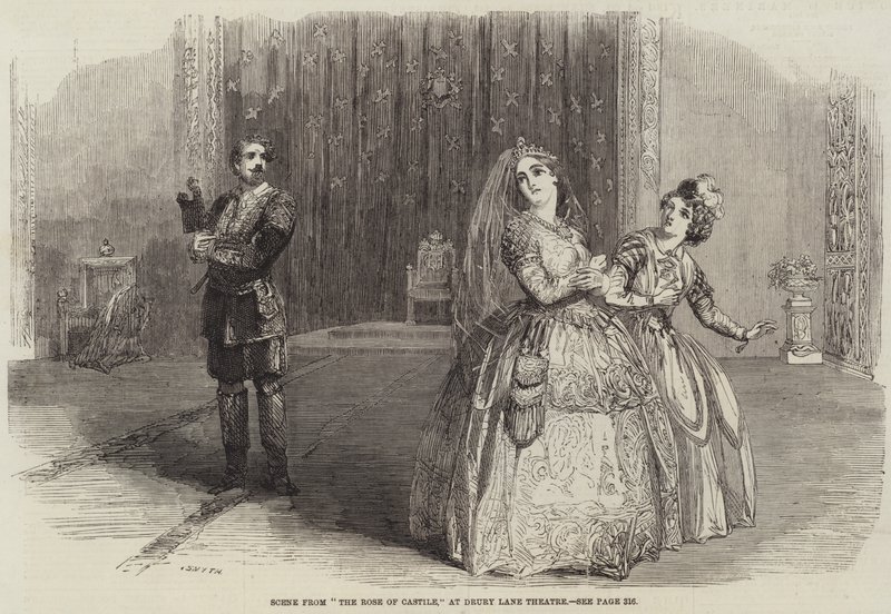 Scena z „Róży Kastylii” w teatrze Drury Lane (rycina) autorstwa English School