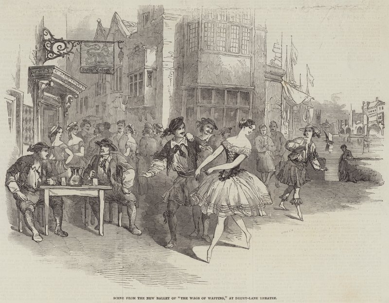 Scena z nowego baletu „The Wags of Wapping” w Teatrze Drury-Lane (rycina) autorstwa English School