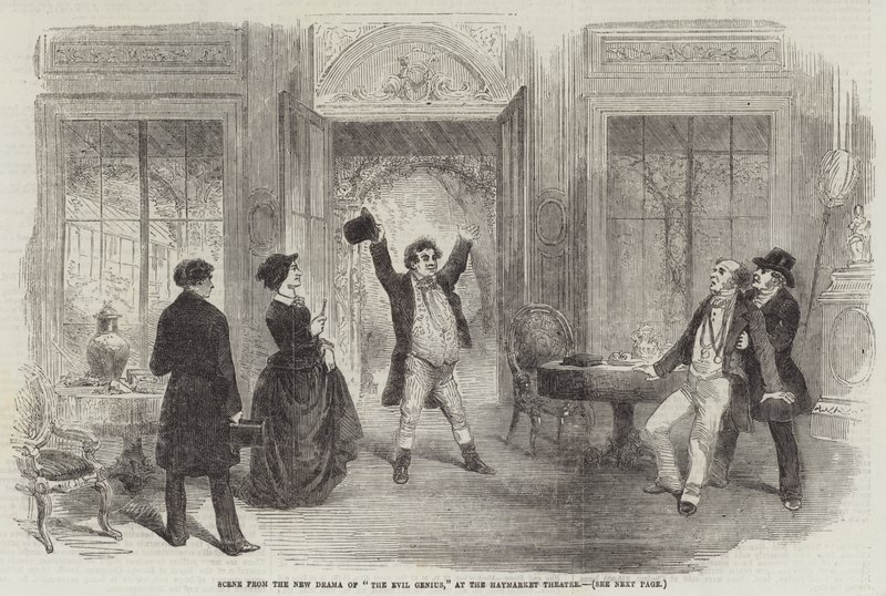 Scena z nowego dramatu „Zły geniusz” w teatrze Haymarket (rycina) autorstwa English School