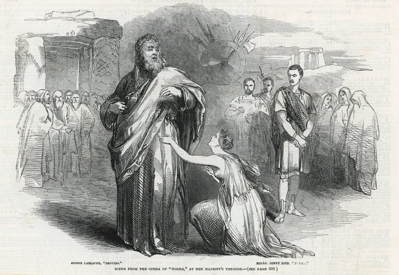Scena z opery Norma w Her Majestys Theatre w Londynie autorstwa English School