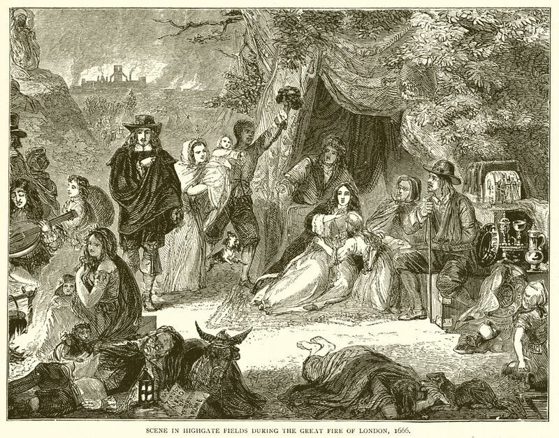 Scena w Highgate Fields podczas wielkiego pożaru Londynu, 1666 autorstwa English School