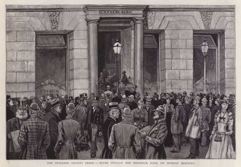 Scena przed Birkbeck Bank, Londyn, podczas kryzysu w towarzystwie budowlanym w 1892 r. (lito) autorstwa English School