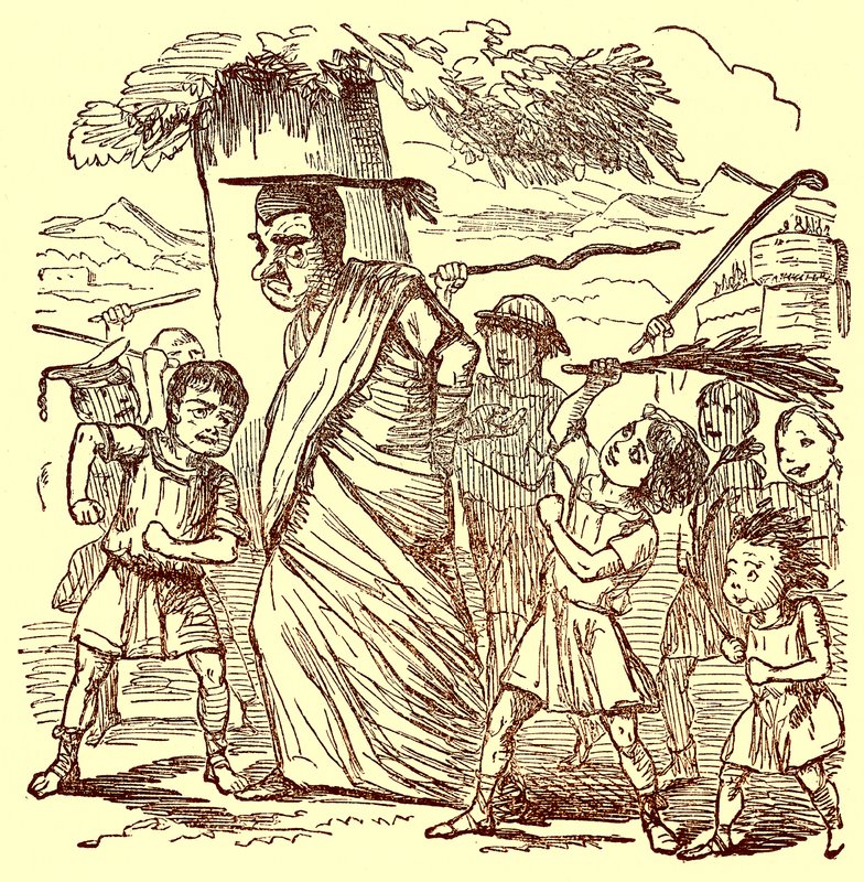 School-boys Flogging the Schoolmaster, ilustracja z The Comic History of Rome autorstwa Gilberta Abbotta a Becketta, opublikowana ok. 1850 r. (obraz ulepszony cyfrowo) autorstwa English School