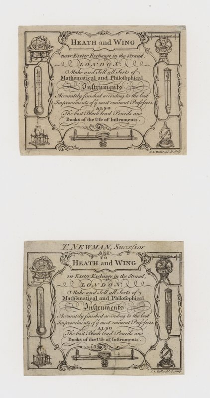 Scientific Instrument Makers, Heath and Wing i jego następca T Newman, karty handlowe autorstwa English School