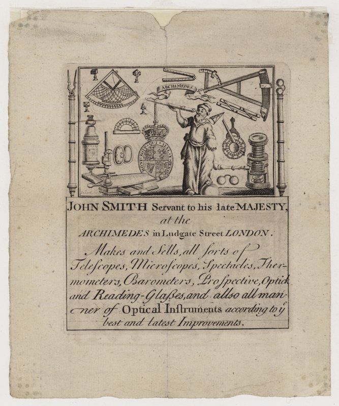 Scientific Instrument Maker, John Smith, karta handlowa autorstwa English School