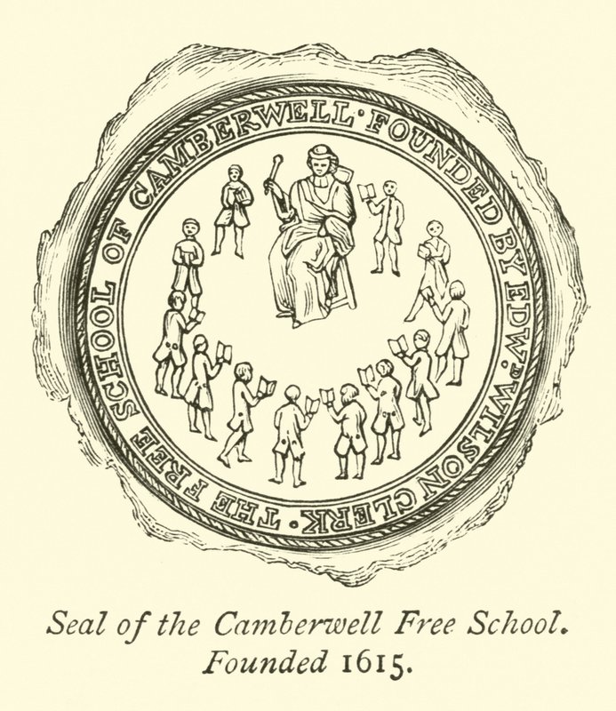 Pieczęć Camberwell Free School, założona 1615 autorstwa English School