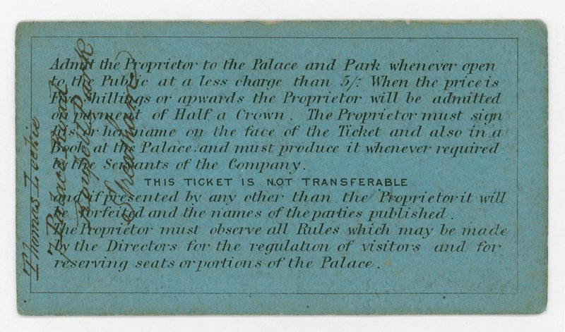 Bilet okresowy wstępu do Kryształowego Pałacu, 186162, rewers, z podaniem zasad autorstwa English School
