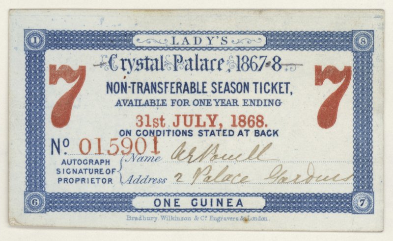Bilet okresowy do Crystal Palace, Londyn, 1867-1868 autorstwa English School