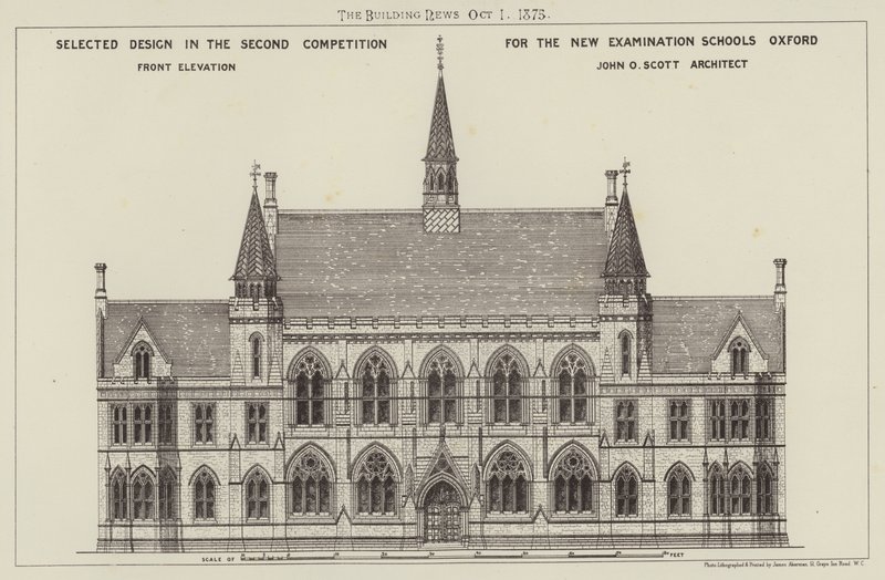 Projekt wybrany w II Konkursie dla Nowych Szkół Egzaminacyjnych Oxford, Front Elevation (grafika) autorstwa English School