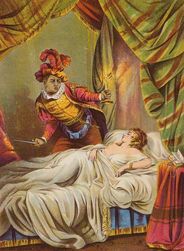 Szekspir: Otello, Desdemona w łóżku, śpi (chromolitografia) autorstwa English School