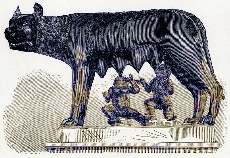 Wilczyca Kapitolu, ilustracja z Historii Rzymu autorstwa Victora Duruy, opublikowana w 1884 r. (obraz ulepszony cyfrowo) autorstwa English School