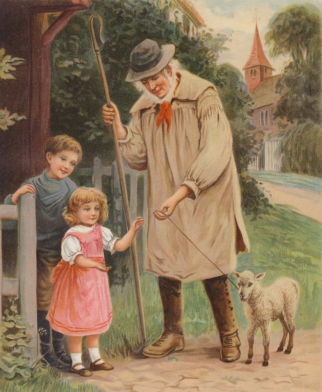 Pasterz dający lejce owieczce małej dziewczynce (chromolit) autorstwa English School