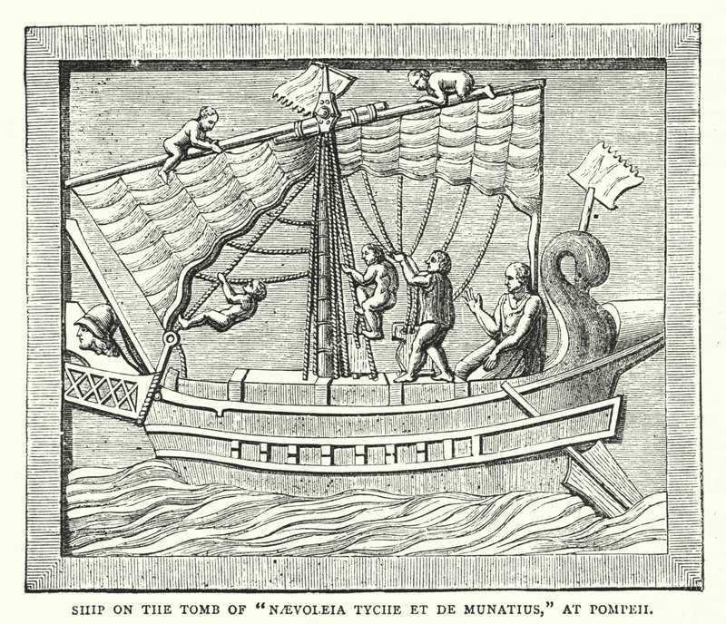 Statek na grobie „Naevoleia Tyche et de Munatius” w Pompejach (kolorowy grawerunek) autorstwa English School