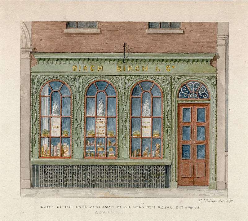 Sklep zmarłej Brzozy Radnej w pobliżu Giełdy Królewskiej. 1871 (wc na papierze) autorstwa English School