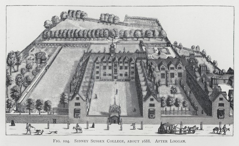 Sidney Sussex College, ok. 1688, wg Loggana (rytowanie) autorstwa English School