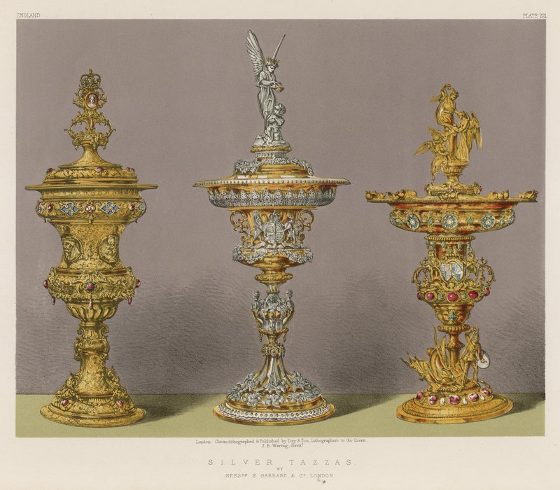 Srebrne Tazzas autorstwa panów S Garrard and Co, Londyn autorstwa English School