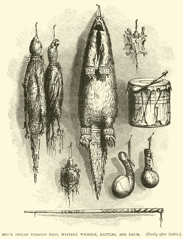 Sioux Indian Tobacco Bags, tajemniczy gwizdek, grzechotki i bęben autorstwa English School