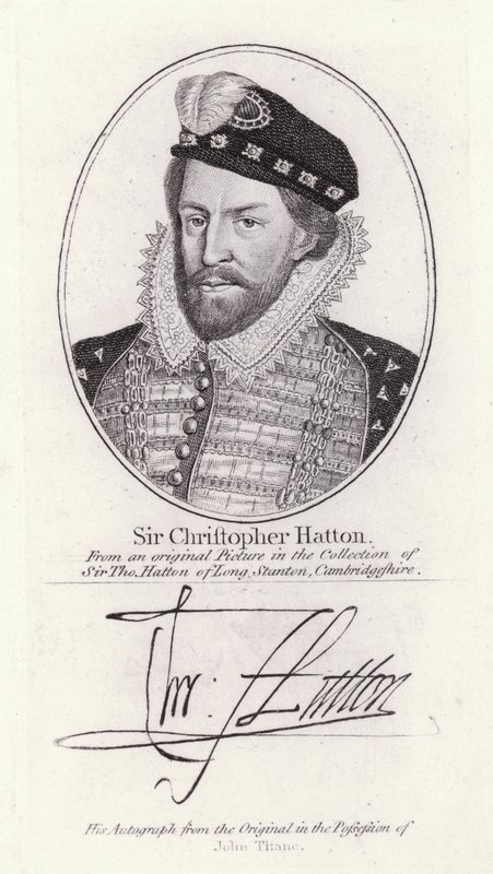 Sir Christopher Hatton, Lord Kanclerz Anglii i ulubieniec królowej Elżbiety I (grafika) autorstwa English School