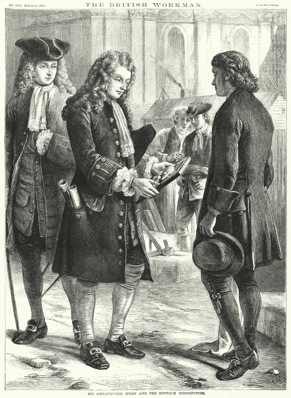 Sir Christopher Wren i drwal z Suffolk (grafika) autorstwa English School