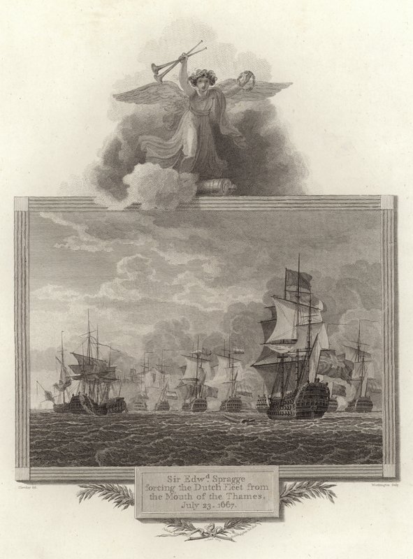 Sir Edwd Spragge zmusza flotę holenderską do opuszczenia Ujścia Tamizy, 23 lipca 1667 autorstwa English School