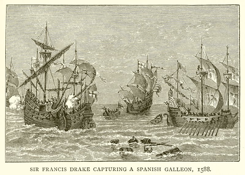 Sir Francis Drake chwytający hiszpański galeon, 1588 autorstwa English School