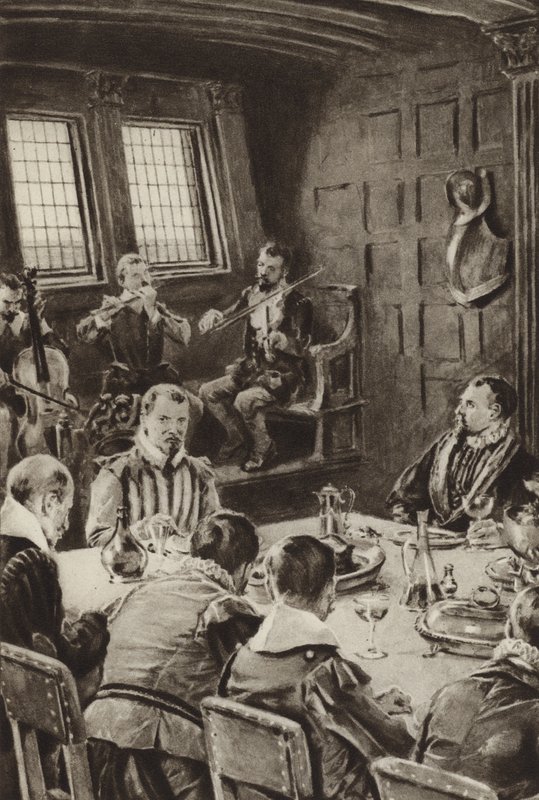 Sir Francis Drake jedzący The Golden Hind przy dźwiękach skrzypiec autorstwa English School