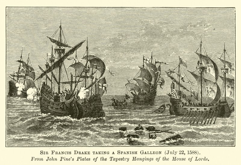Sir Francis Drake biorący hiszpański galeon, 22 lipca 1588 autorstwa English School
