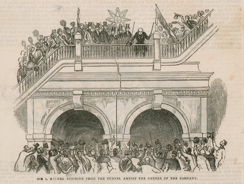 Sir Isambard Brunel wycofuje się z tunelu wśród wiwatów firmy autorstwa English School