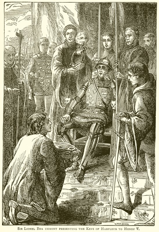 Sir Lionel Bra Uemont wręcza klucze Harfleur Henrykowi V autorstwa English School
