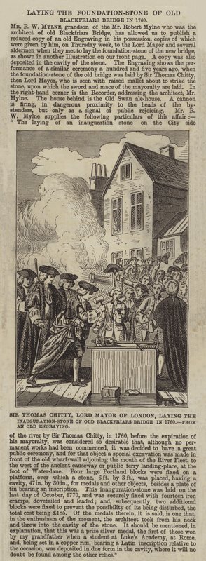 Sir Thomas Chitty, burmistrz Londynu, kładzie kamień inauguracyjny starego mostu Blackfriars w 1760 r. autorstwa English School