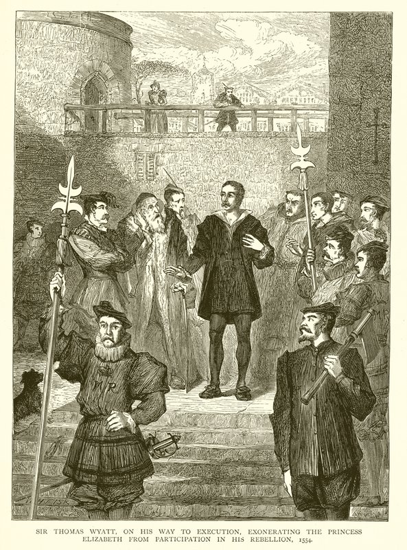Sir Thomas Wyatt, w drodze na egzekucję, uniewinniający księżniczkę Elżbietę z udziału w swoim buncie, 1554 autorstwa English School