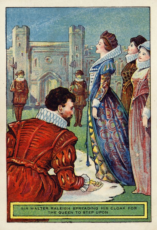 Sir Walter Raleigh rozkłada płaszcz, aby nadepnęła królowa autorstwa English School