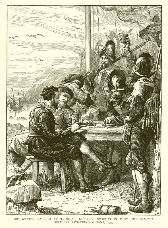 Sir Walter Raleigh na Trynidadzie, zdobywając informacje od żołnierzy hiszpańskich dotyczące Gujany, 1595 autorstwa English School