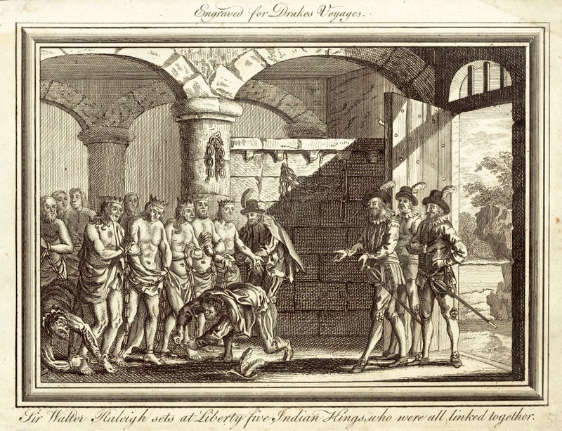 Sir Walter Raleigh uwalnia pięciu indyjskich królów, którzy byli ze sobą połączeni (rycina) autorstwa English School