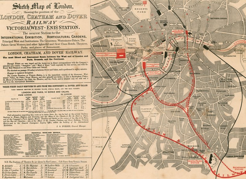 Szkicowa mapa Londynu pokazująca położenie linii kolejowej London, Chatham i Dover autorstwa English School