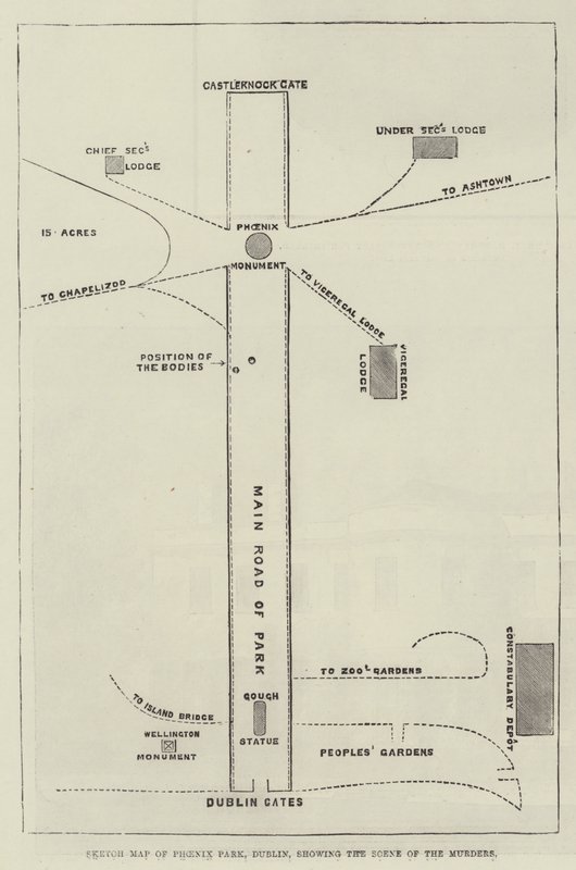 Szkicowa mapa Phoenix Park, Dublin, przedstawiająca scenę mordów (rycina) autorstwa English School