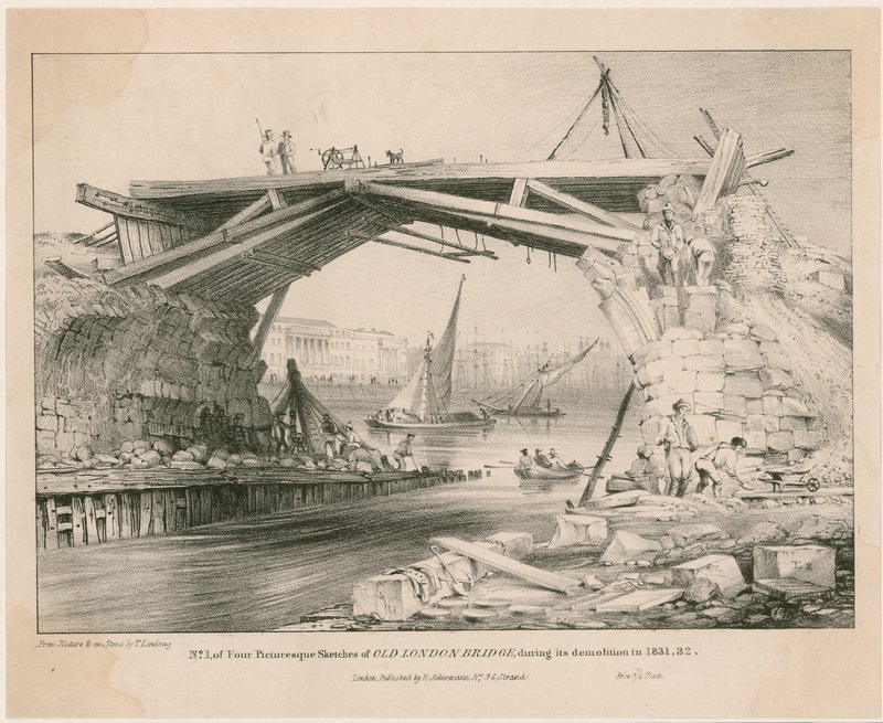 Szkic mostu Old London Bridge podczas jego rozbiórki w 1831, 1832 autorstwa English School