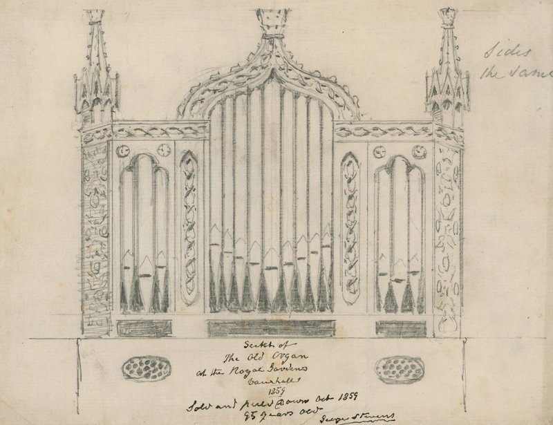 Szkic starych organów w Ogrodach Królewskich (Vauxhall Gardens, Londyn) autorstwa English School